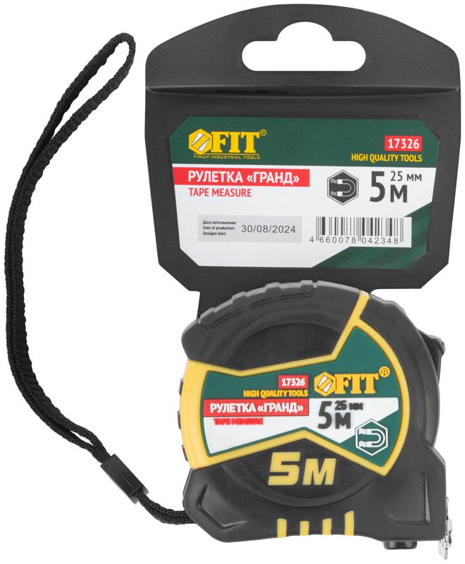 Рулетка Гранд 5мх25мм калибр. лента; нейлон. покрытие; магн. крючок; двойной стопор; прорезиненный корпус FIT 17326