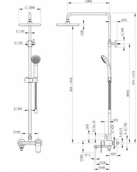 Душевая колонна Bravat Opal со смесителем для ванны, поворотный излив (F6125183CP-A-RUS)