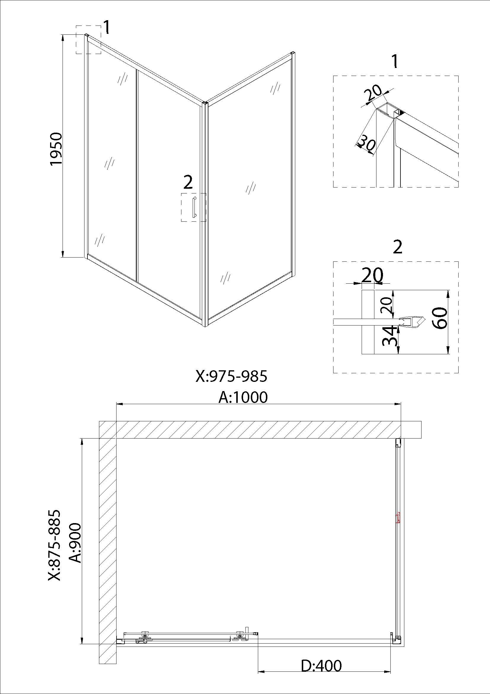 Душевое ограждение NG-62-10A-A90 (100*90*195) прямоугольник, дверь раздвижная