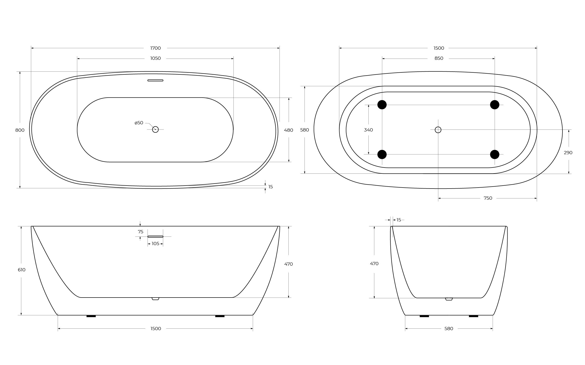 Акриловая ванна BELBAGNO BB415-1700-800