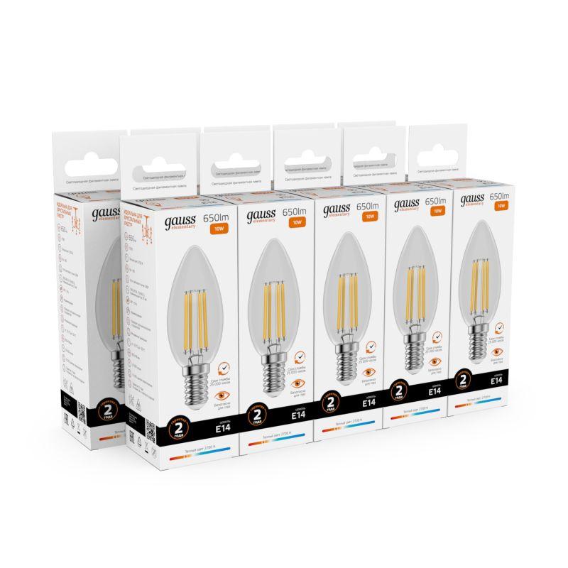 Лампа светодиодная филаментная Filament Elementary 10Вт свеча 2700К Е14 650лм GAUSS 32110