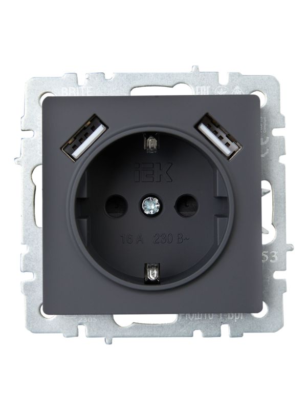 Розетка BRITE РЮш10-1-БрГ 16А с USB A+A 2.1А с заземл. защ. шторки механизм графит IEK BR-R14-16-U21-D21-K53