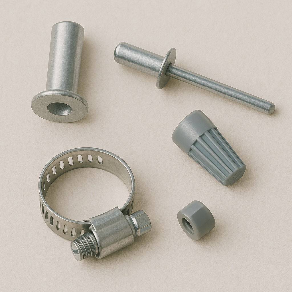 Заклёпки, зажимы, колпачки