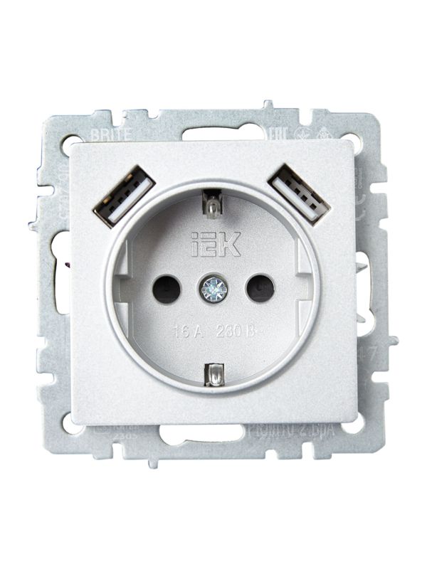 Розетка BRITE РЮш10-2-БрА 16А с USB A+A 3.1А с заземл. защ. шторки механизм алюм. IEK BR-R14-16-U21-D31-K47