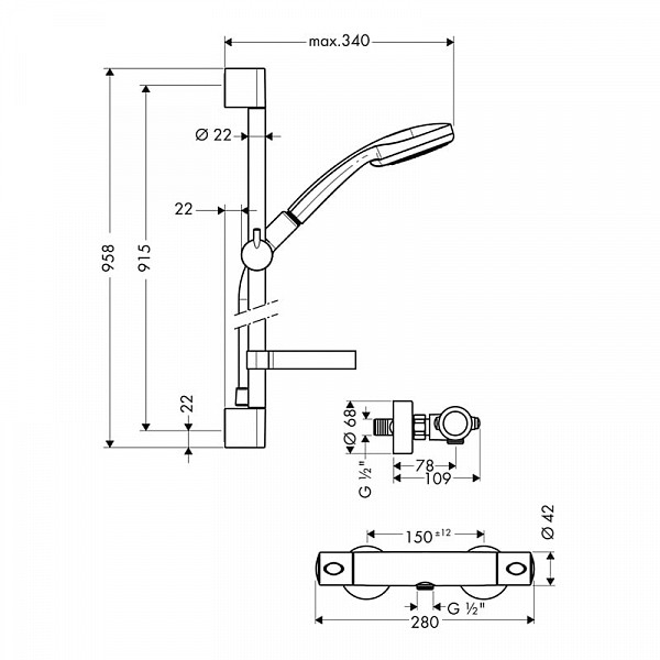 Душевой гарнитур Hansgrohe Croma 100 Vario EcoSmart/Ecostat Comfort Combi 27033000