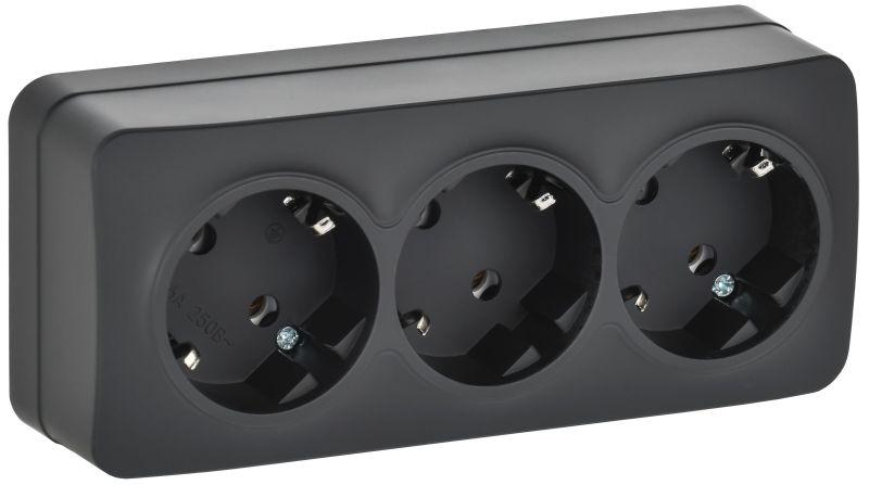 Розетка 3-м ОП GLORY РС23-3-ХЧм 16А с заземл. без защ. шторок черн. матов. IEK ERH31-K02M-16