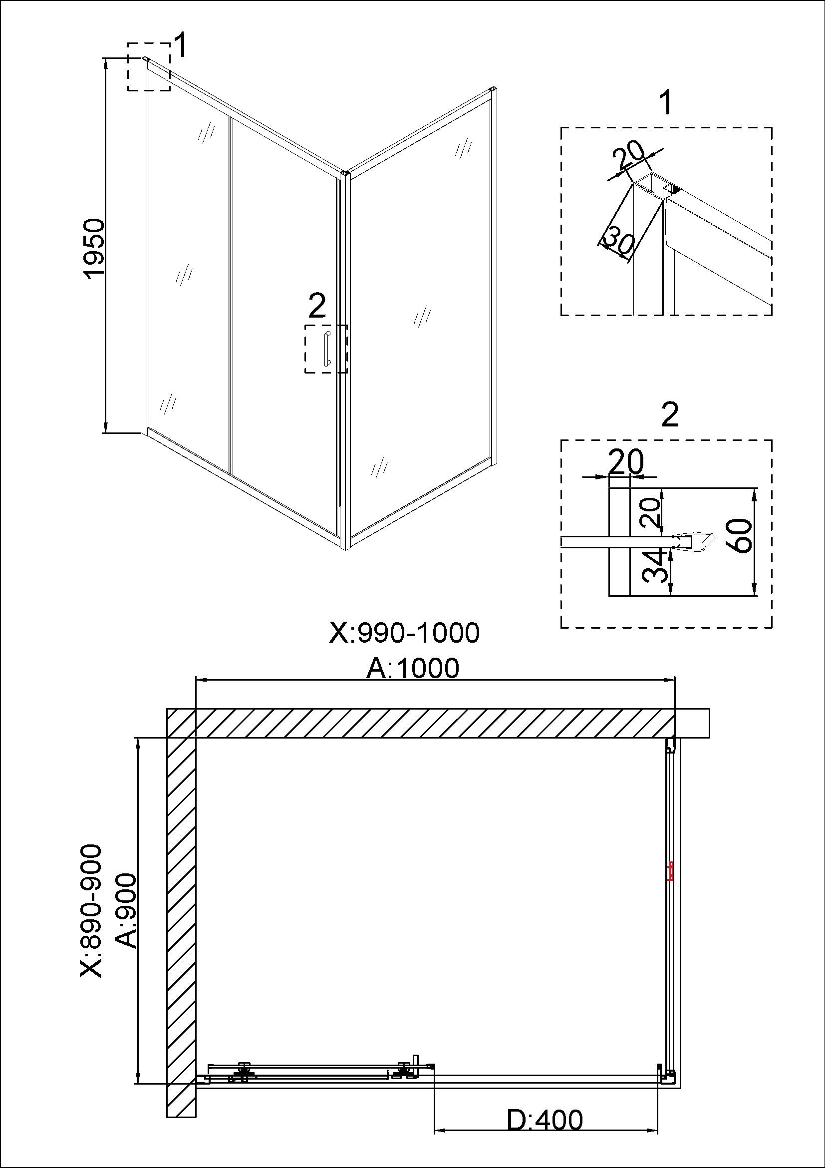 Душевое ограждение NG-42-10AG-A90G (100*90*195) прямоугольник, дверь раздвижная