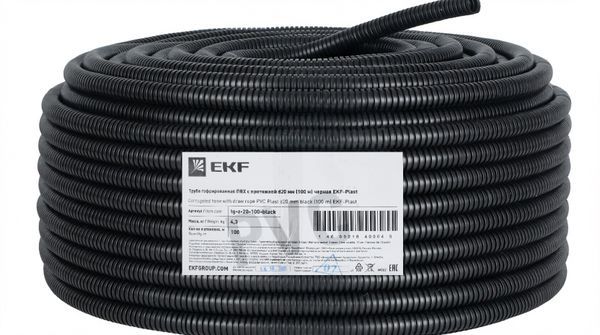 Труба гофрированная ПВХ d20мм с протяжкой черн. (уп.100м) Plast EKF tg-z-20-100-black