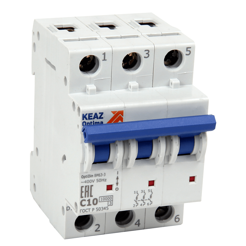 Выключатель автоматический трехполюсный 10А D 10кА AC OptiDin BM63-3D10-10-УХЛ3
