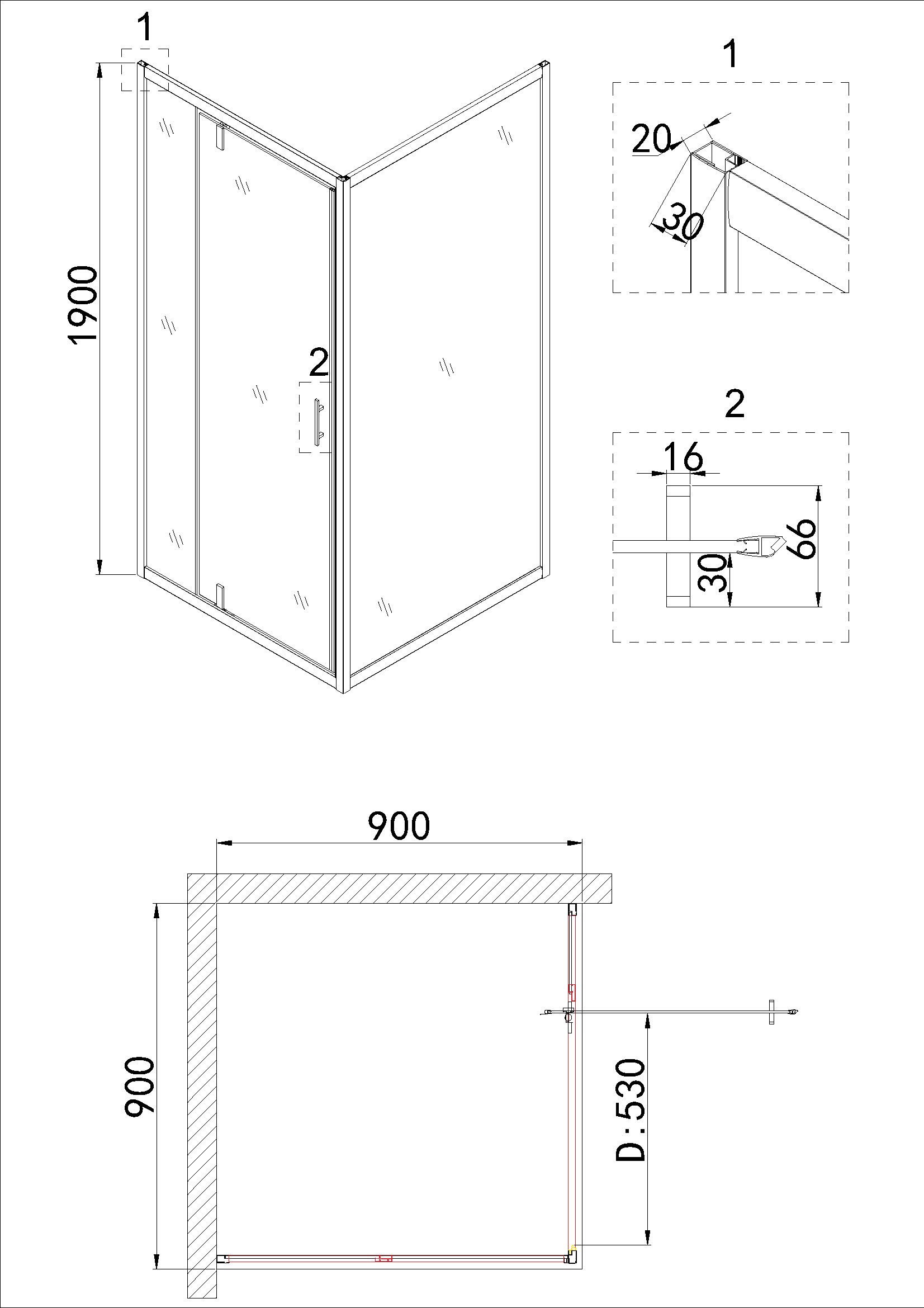 Душевое ограждение NG-0290-08 BLACK (900х900х1950) квадрат, дверь распашная