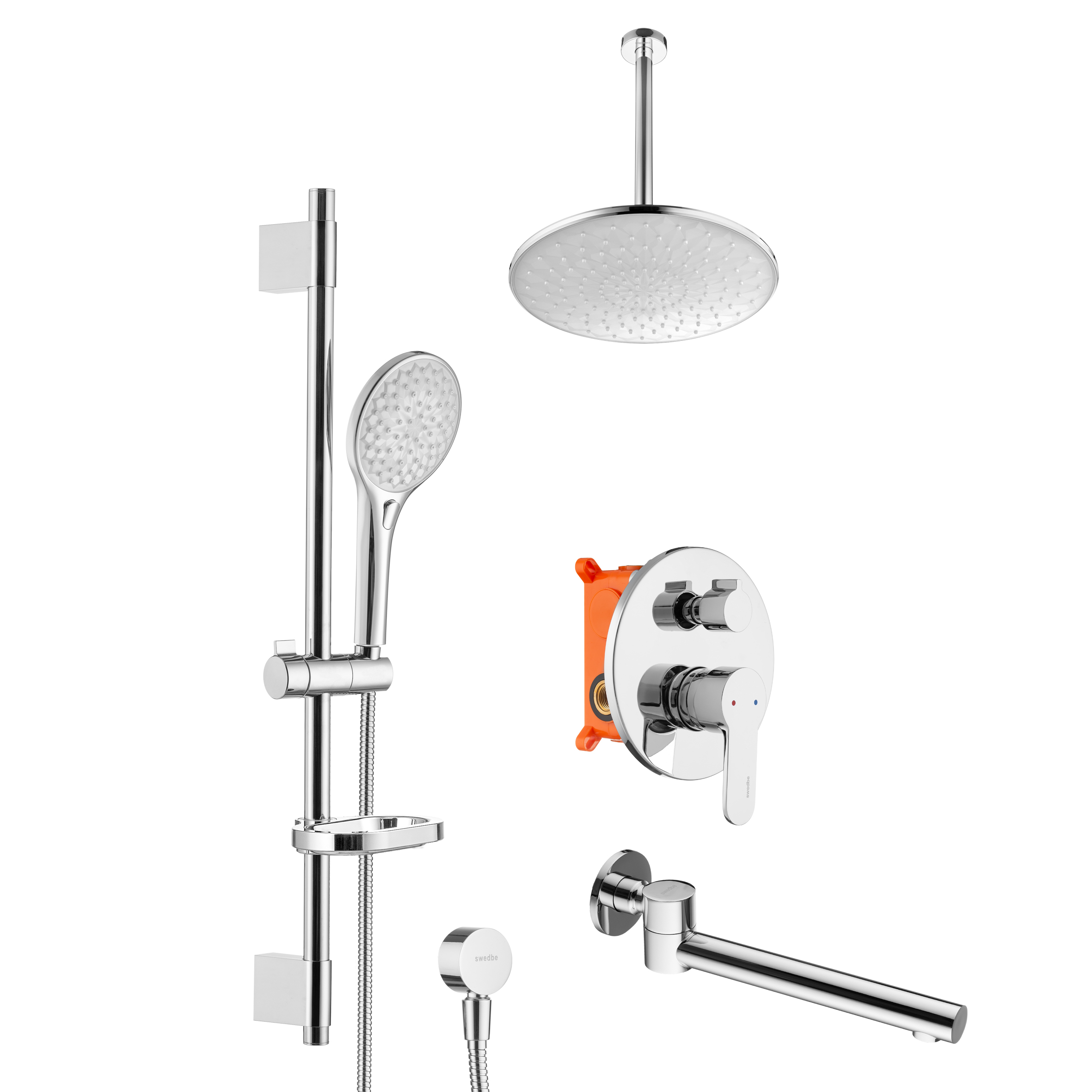 Душевой комплект со встраиваемым смесителем (с монтажным боксом), верхним душем и поворотным изливом Swedbe Platta 5543G1