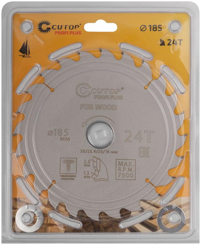 Диск пильный по дереву с тефлоновым покрытием 24Т Profi plus 185х1.3/2.0х30/25.4/20/16мм Cutop 75-18524Т