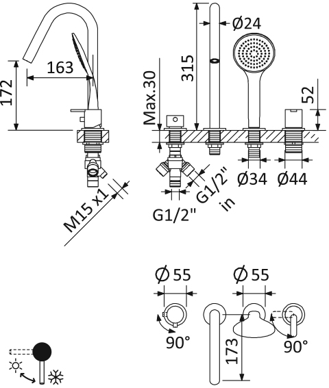 Смеситель на борт ванны CEZARES LEAF-BVDM4-L-01