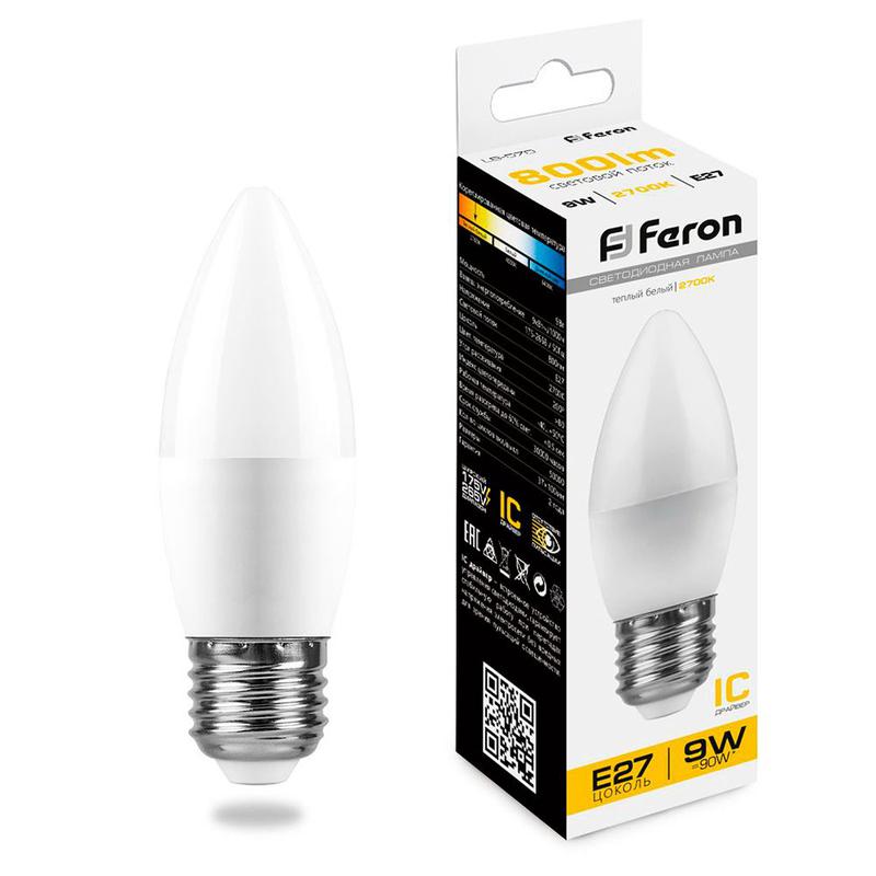 Лампа светодиодная 9Вт 230В E27 2700К C37 LB-570 FERON 25936