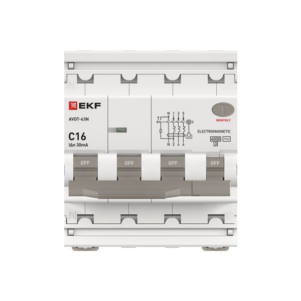 Выключатель автоматический дифференциального тока 4п (3P+N) C 16А 30мА тип AC 6кА АВДТ-63N электромеханич. PROxima EKF D63N46M16C30