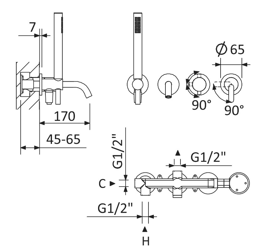 Встраиваемый смеситель для ванны и душа CEZARES LEAF-VDIM3-D-L-NOP
