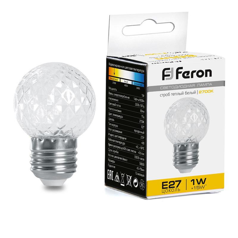 Лампа-строб 1Вт 230В E27 2700К G45 прозрачн. LB-377 FERON 38208