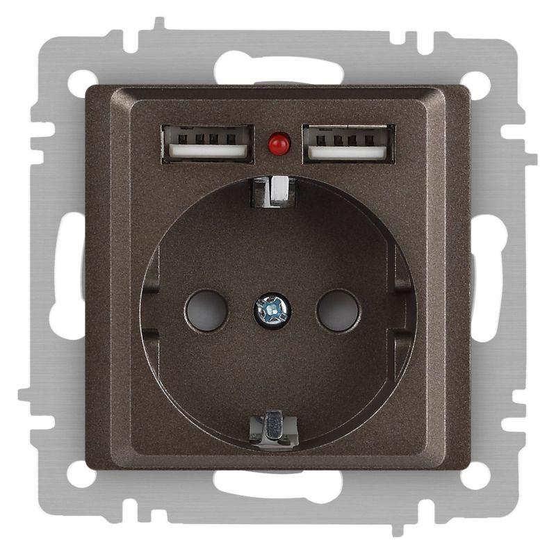 Розетка 1-м СП Accent 6-410-08 16А IP20 250В P+E Schuko + 2хUSB защ. шторки бронза Intro Б0063704