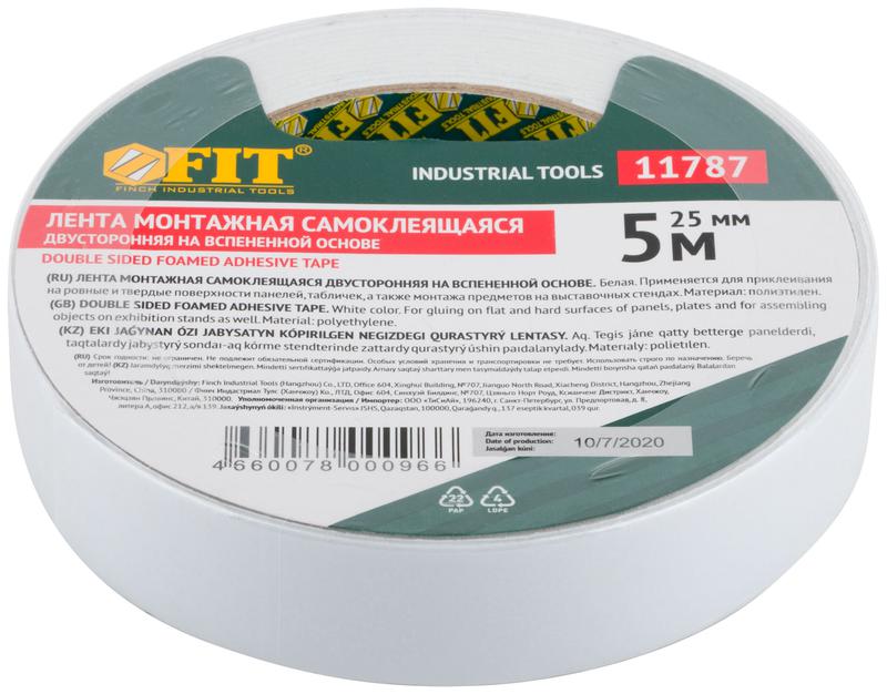 Лента клеящая 2-х сторонняя монтажная на вспененной основе 25ммх5м бел. FIT 11787