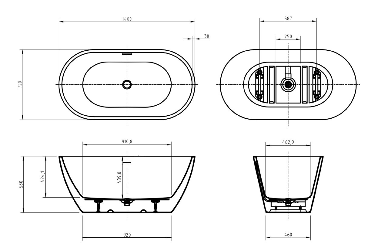 Акриловая ванна BELBAGNO UNO BB701-1400-720-K