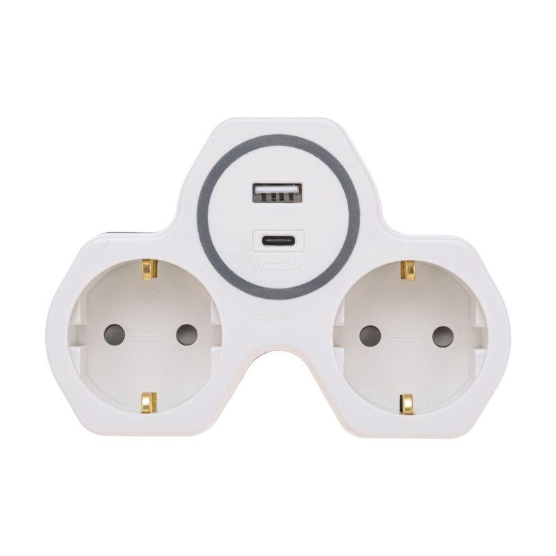 Разветвитель 2-м 16А + USB-A + USB-C с заземл. защ. шторки бел. Rexant 11-1253