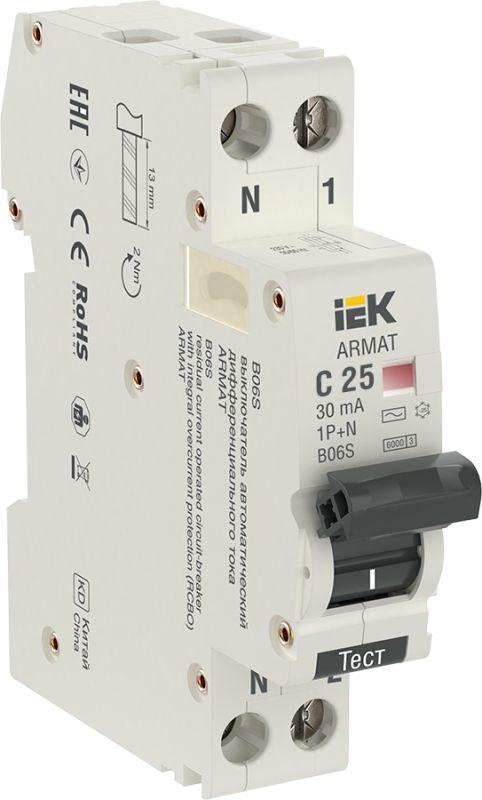 Выключатель автоматический дифференциального тока 2п (1P+N) C 25А 30мА тип AC АВДТ B06S 18мм ARMAT IEK AR-B06S-1N-C25C030