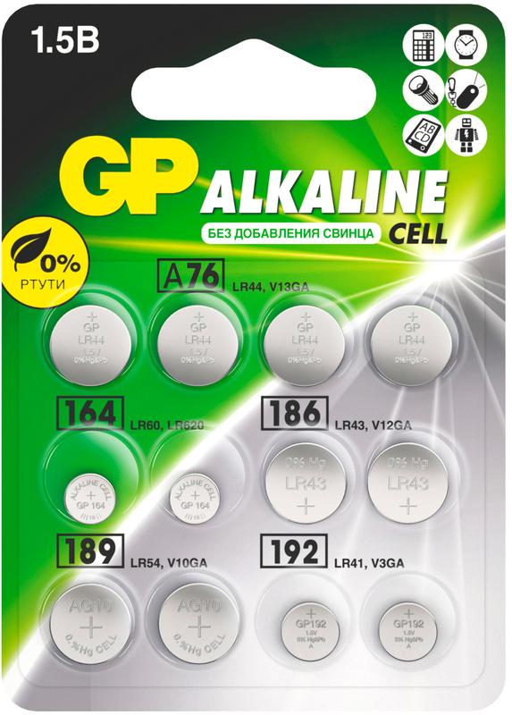 Набор алкалиновых элементов питания LR44 - 4шт; LR60 - 2шт; LR43 - 2шт; LR55 - 2шт; LR41 - 2шт (блист.12шт) GP 3153