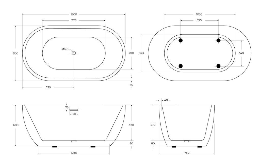 Акриловая ванна BELBAGNO BB70-1500-800