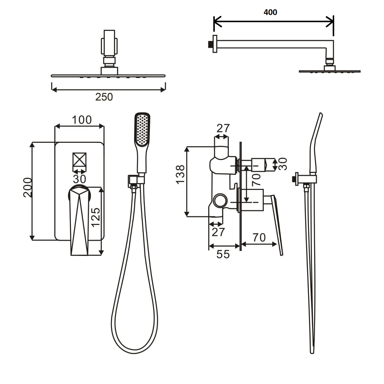 Смеситель встроенный + верхний душ + ручной душ ЗОЛОТО