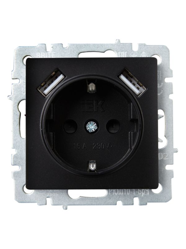 Розетка BRITE РЮш10-1-БрЧ 16А с USB A+A 2.1А с заземл. защ. шторки механизм черн. IEK BR-R14-16-U21-D21-K02