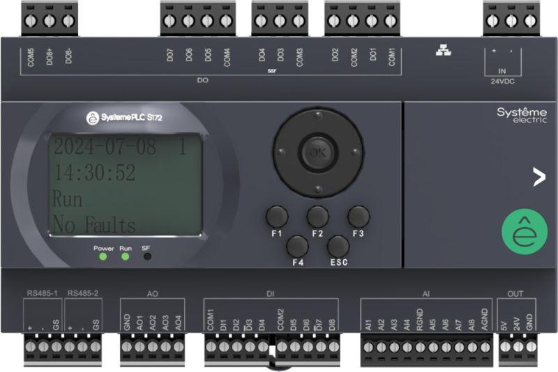 Контроллер логический программируемый S172 24В DC дисплей 28 IO: 8 DI; 8 DO (6 реле 2 SSR); 8 AI; 4 AO 2хRS485 1хRJ45 SE SM172PS11BDM