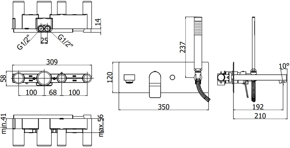 Смеситель для ванны с душем Paffoni Tilt TI001NO (с внутренней частью)
