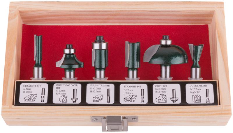 Фрезы по дереву кромочные набор 6шт деревянный бокс хвостовик 8мм (уп.6шт) FIT 36568