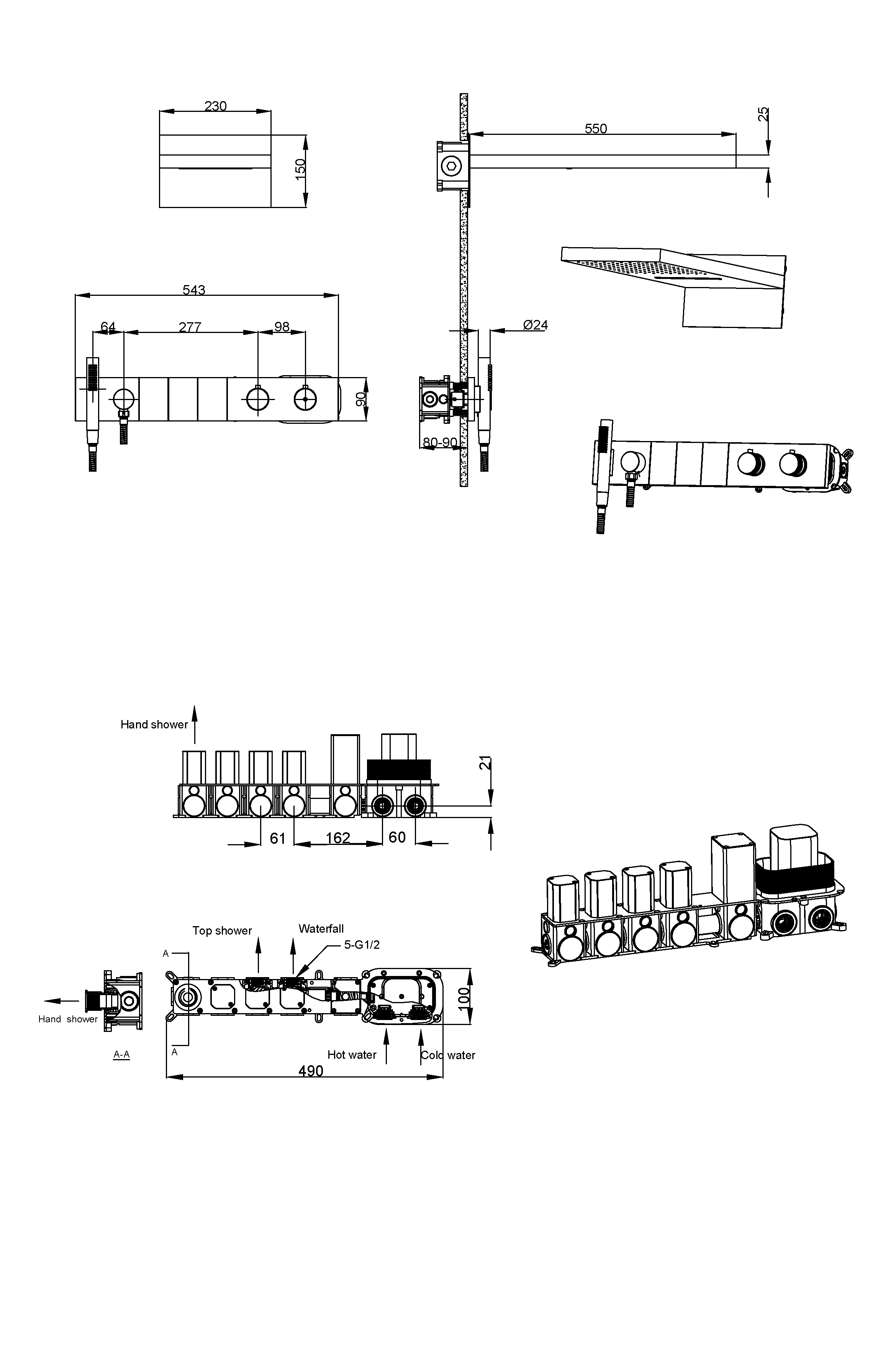 Встроенная душевая система  ZODIAC с термостатом, трехпозиционная  BRUSHED BRONZE