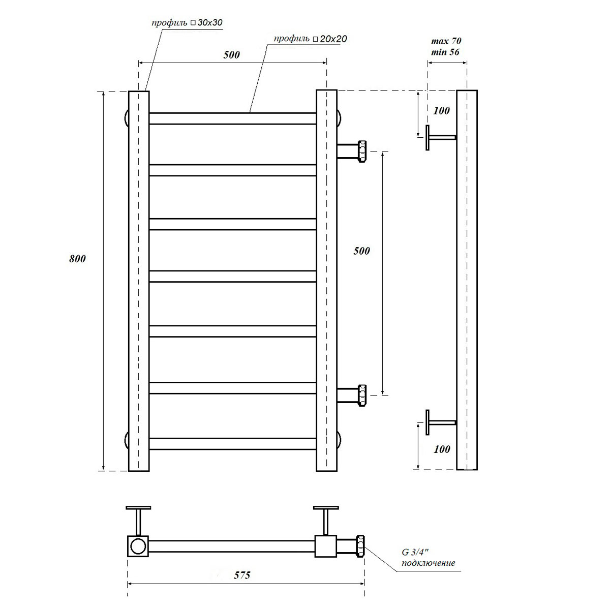 Полотенцесушитель водяной Point Вега PN71558 П7 500x800 с боковым подключением 500, хром