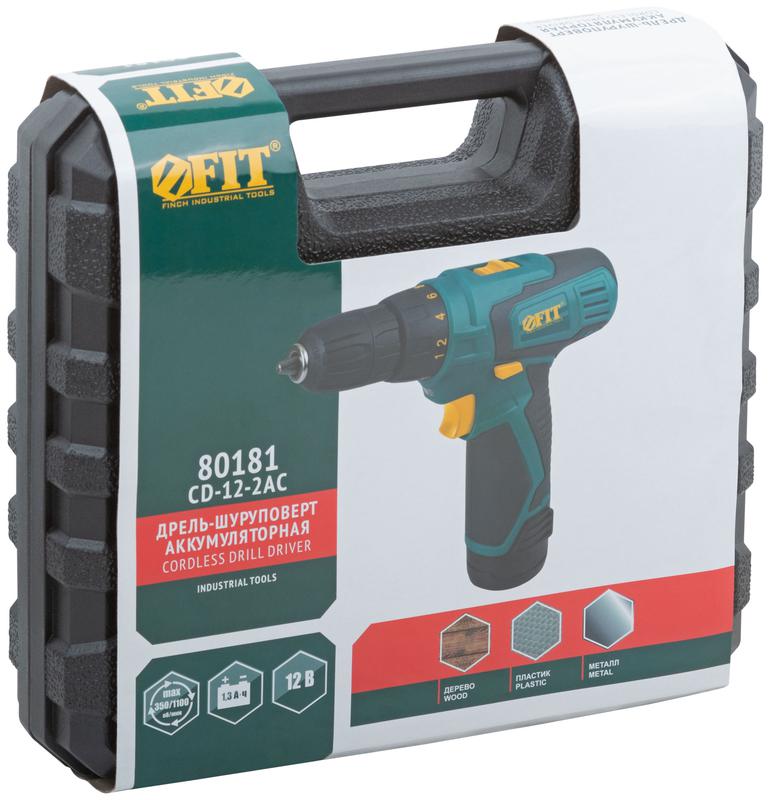 Дрель-шуруповерт аккумуляторная 12В 0-350/1100об/мин 20Нм 2 (Li-Ion) 1.3А.ч FIT 80181