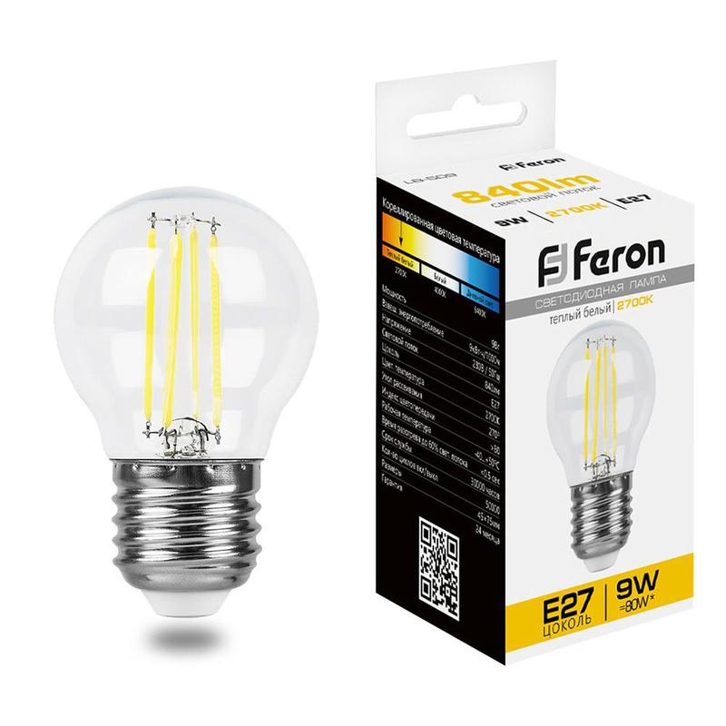 Лампа светодиодная 9Вт 230В E27 2700К прозрачн. LB-509 FERON 38003