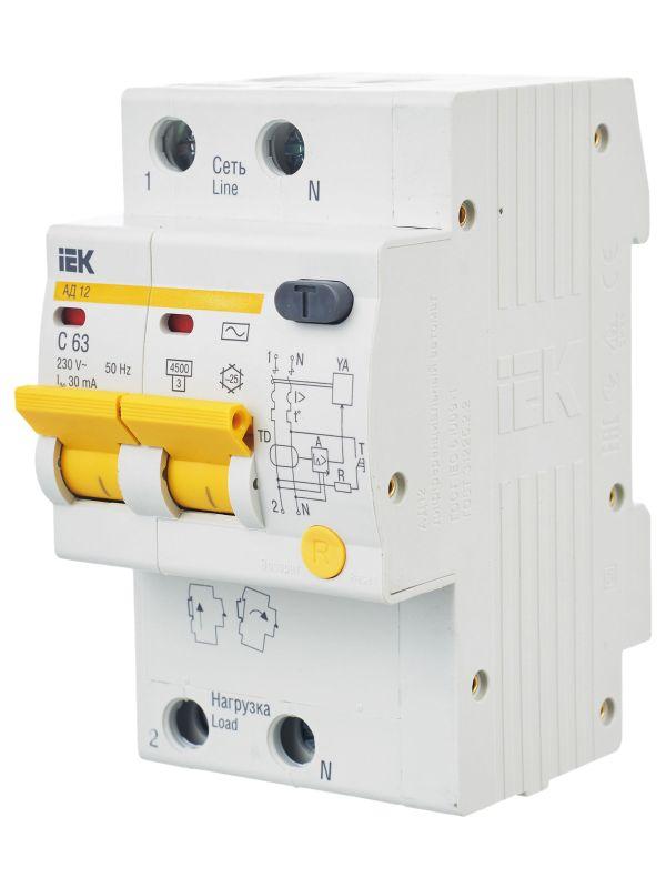 Выключатель автоматический дифференциального тока 2п C 63А 30мА тип AC 4.5кА АД-12 KARAT IEK MAD10-2-063-C-030