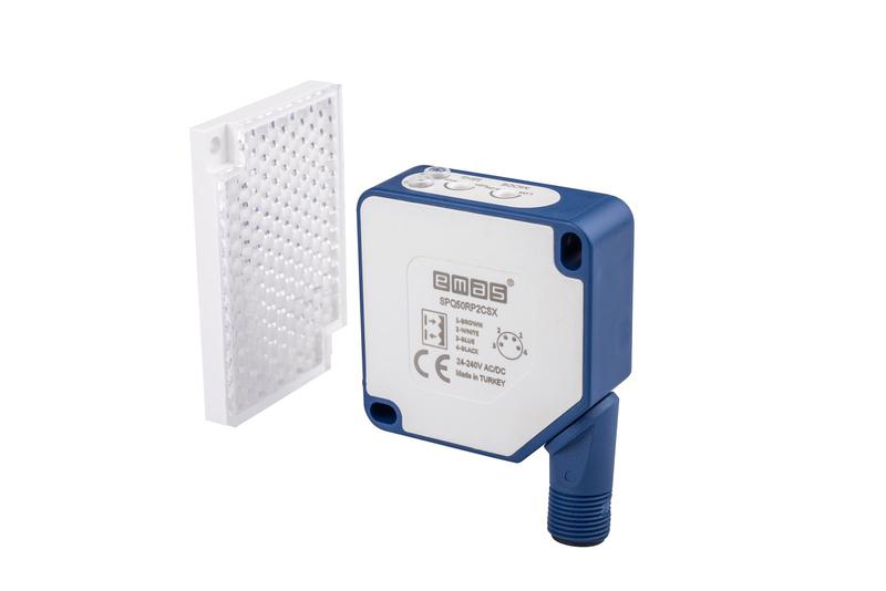 Датчик фотоэлектрический (релейный выход) разъем M12х4 (расст. сраб. 7м светоотражение max 20мс) 24-240В AC/DC IP65 EMAS SPQ50RP2CSX