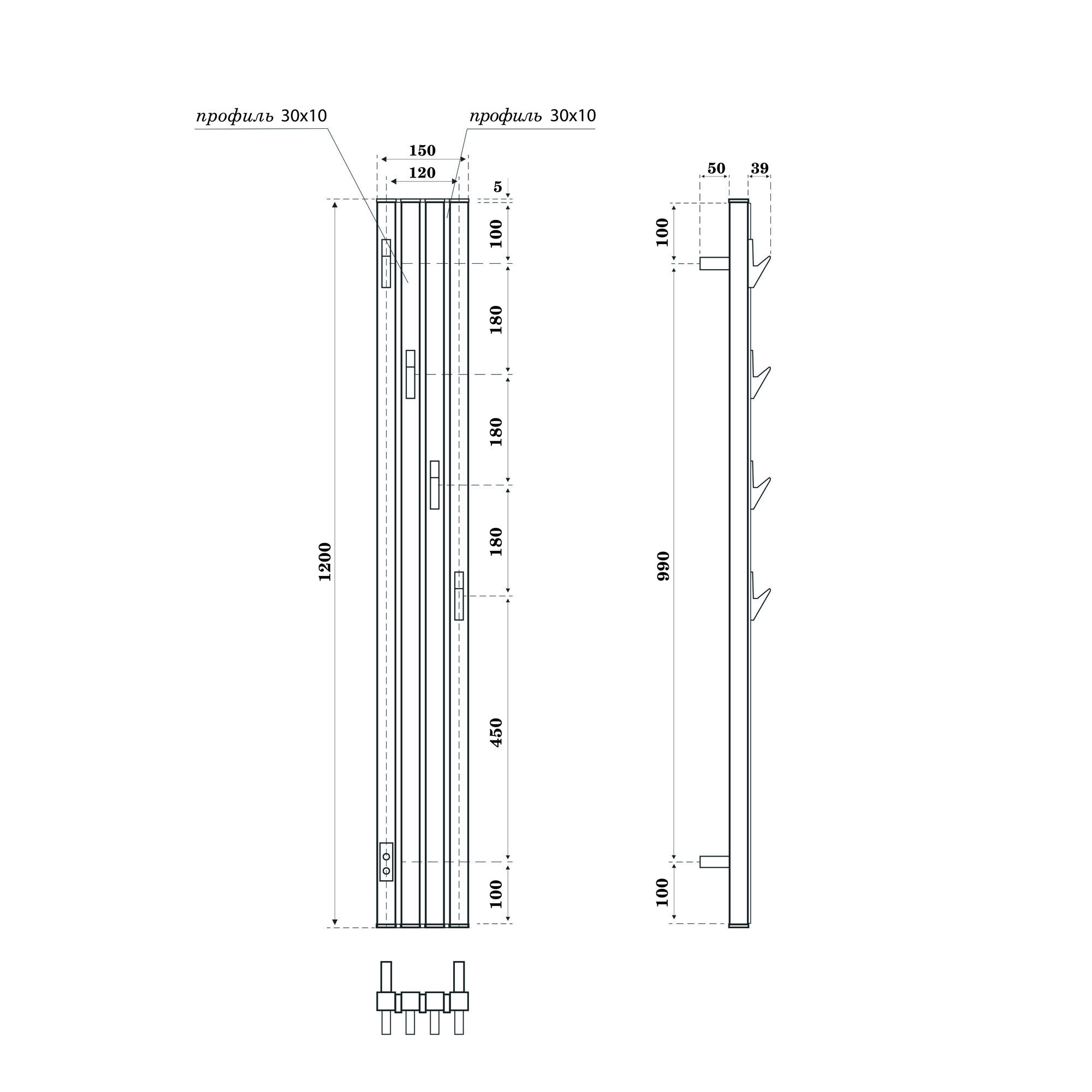 Полотенцесушитель электрический Point Пиано PN19722WC 150x1200 диммер слева, белый/хром