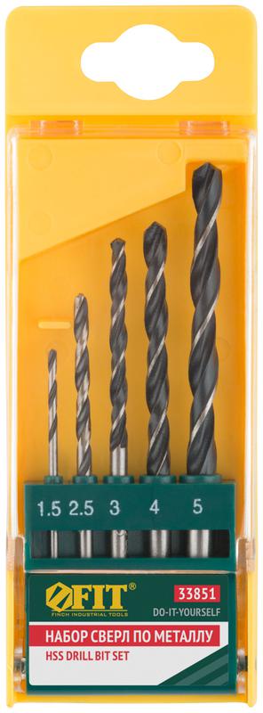 Набор сверл по металлу HSS черненых 5шт (15-25-3-4-5мм) FIT 33851