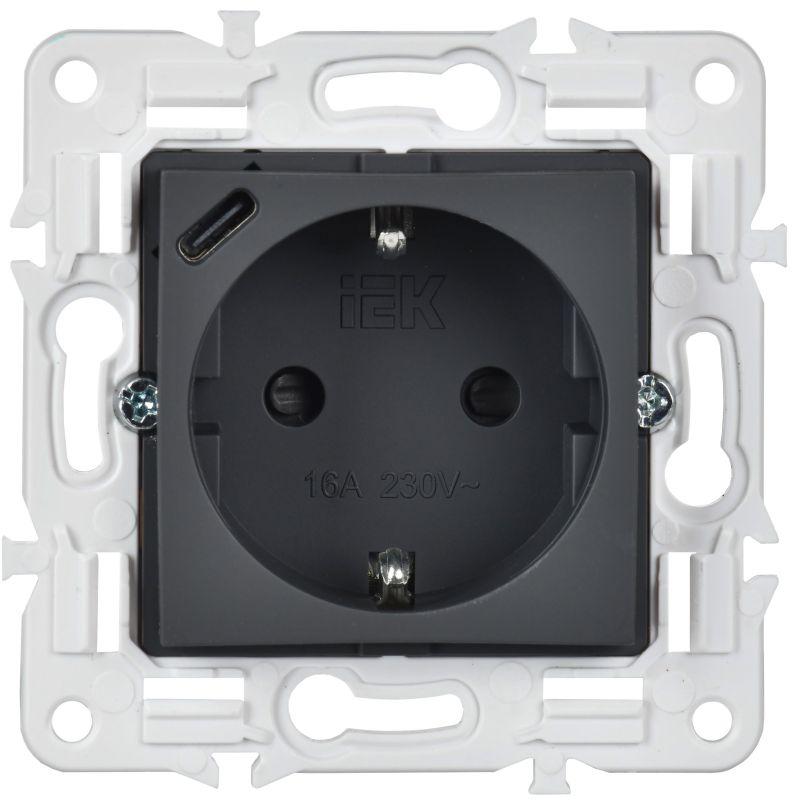 Розетка SKANDY 18Вт 16А с заземл. защ. шторки с USB C SK-R17G графит IEK SK-R14-16-U14-018-K53