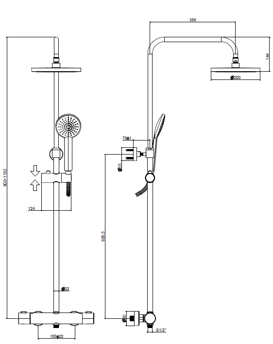 Колонна латунная телескопическая  BIRILLO COLD термостат. для душа без излива, регулиремая по высоте, верх. Душ из ABS диам. 200мм, шланг металл 1500мм, ручной душ из ABS диам.105мм, держатель душа  подвижный круглый, хром
