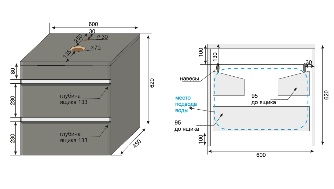 Тумба подвесная "Атлантика 60", Люкс бетон темный, (2 ящ.), со столешницей МДФ, PLUS