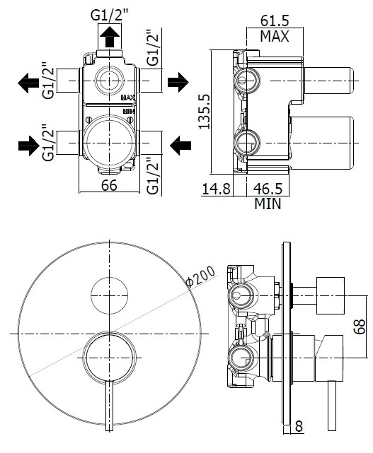 Смеситель встраиваемый для душа на 3 выход Paffoni LIGHT LIG019ST встраиваемый Сталь