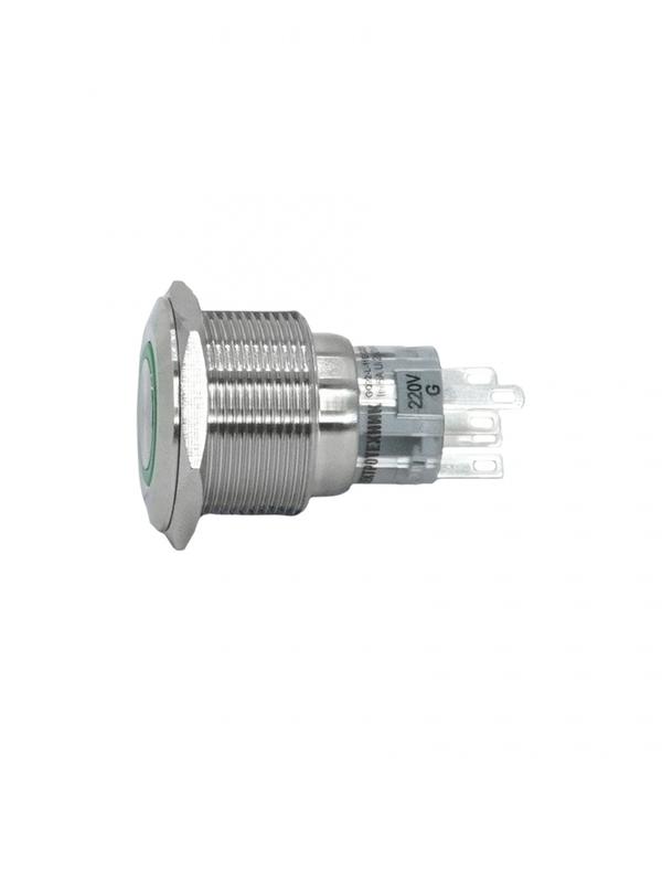 Выключатель кнопочный GQ22-L-11E/G/220V/S 1НО+1НЗ цилиндр с подсветкой 220В AC/DC d22мм IP65 метал. зел. Электротехник ET020093