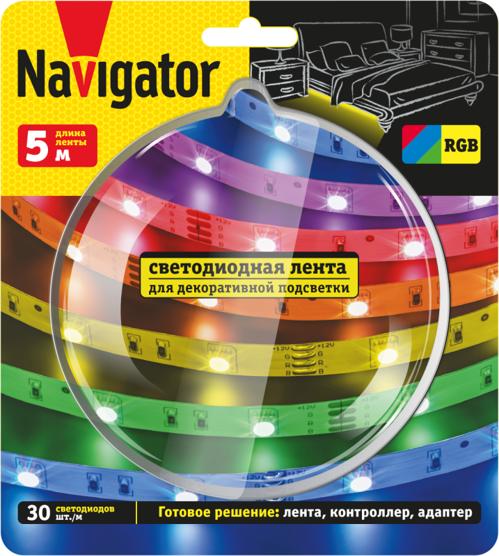 Лента светодиодная 95 144 NLS-SET-02 RGB 5м 30шт/м адаптер 1м IP20 Navigator 95144