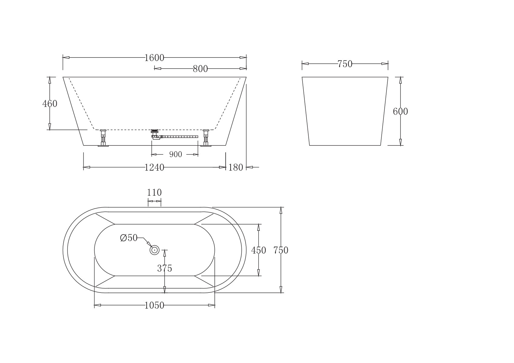 Акриловая ванна без перелива BELBAGNO BB71-1600-W0, 1600x750x600