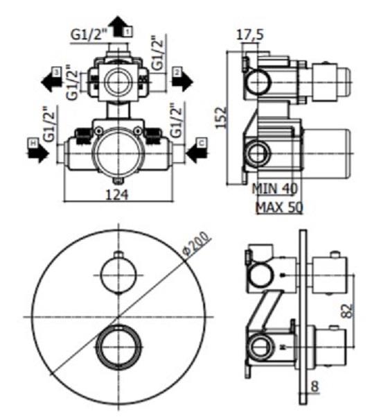 Смеситель термостат встраиваемый для душа 3 выход Paffoni LIGHT LIQ019CR встраиваемый Хром