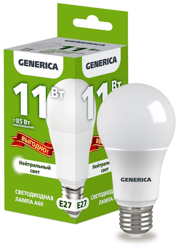 Лампа светодиодная A60 11Вт грушевидная 4000К E27 230В промо GENERICA LL-A60-11-230-40-E27-G